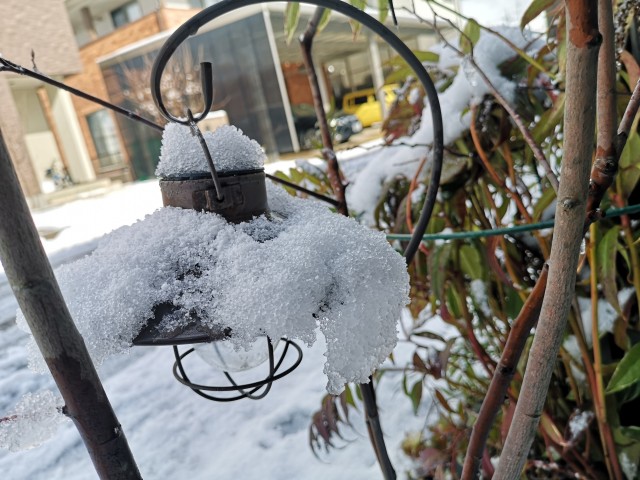 ランタンの傘に綿雪