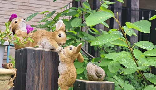 ウサギのオブジェとアマガエル