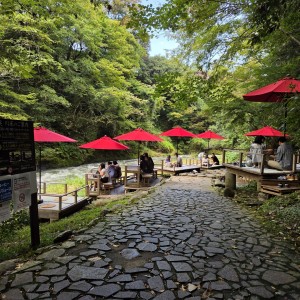 鶴仙渓の遊歩道脇の川床